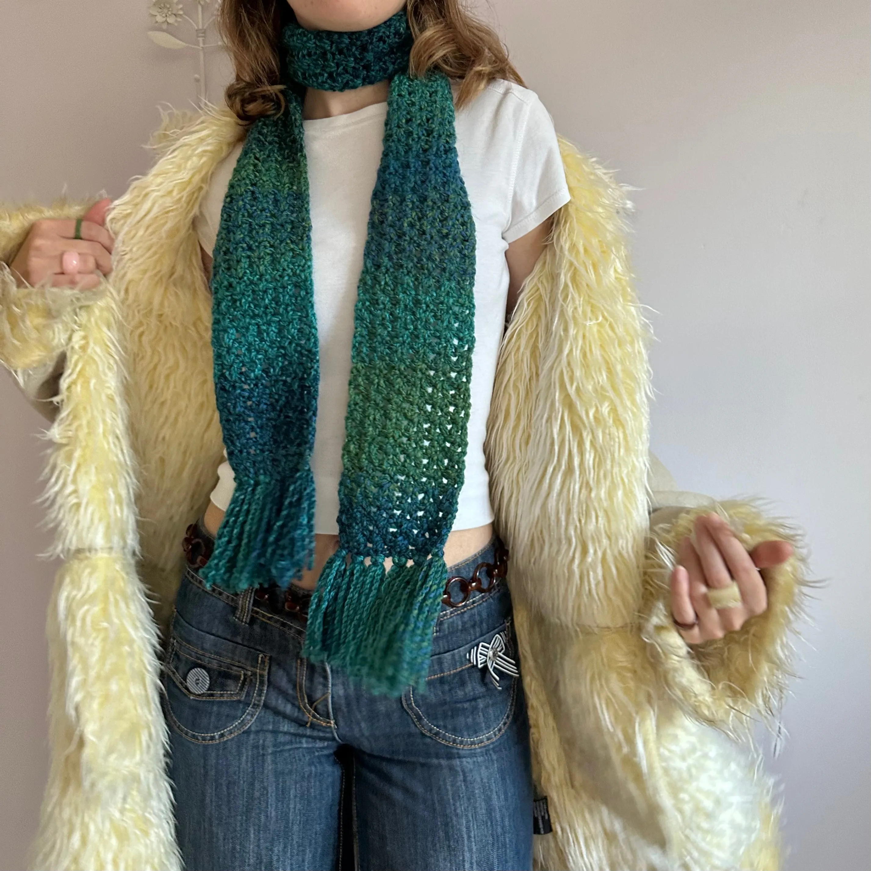 Handmade ombré blue and green tassel crochet scarf