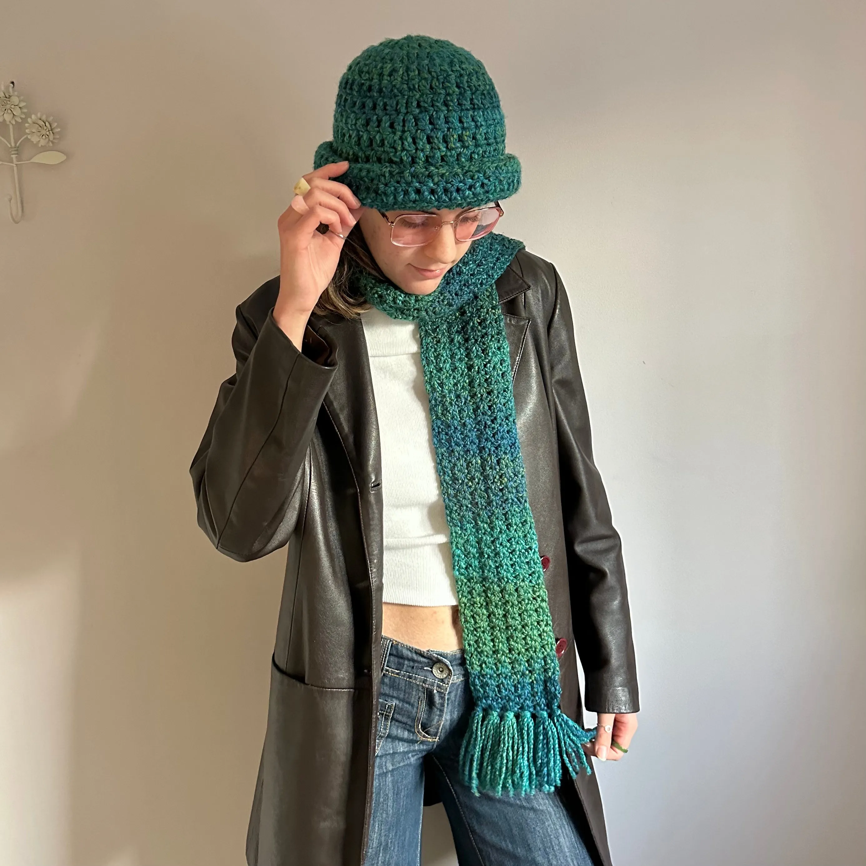 Handmade ombré blue and green tassel crochet scarf