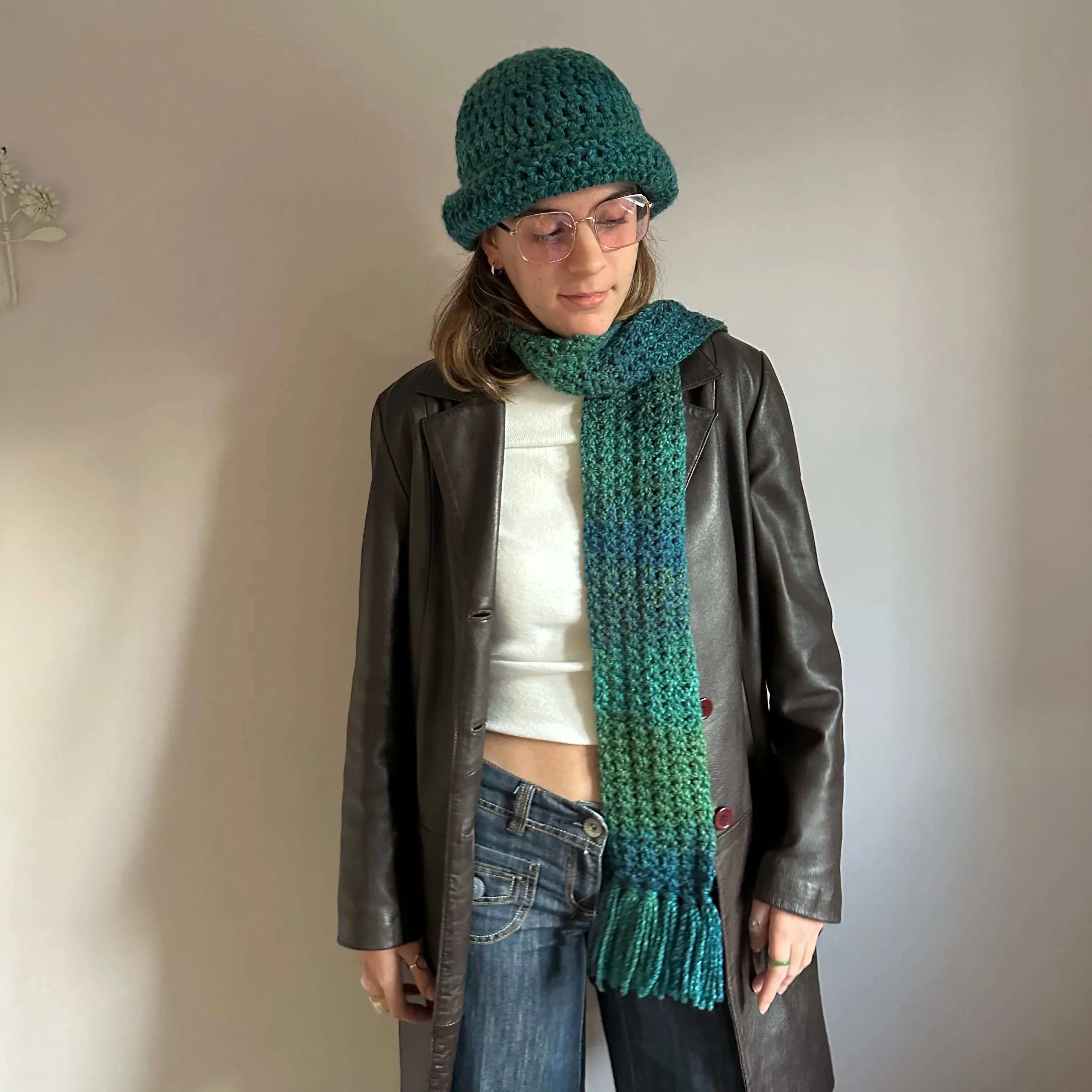 Handmade ombré blue and green tassel crochet scarf