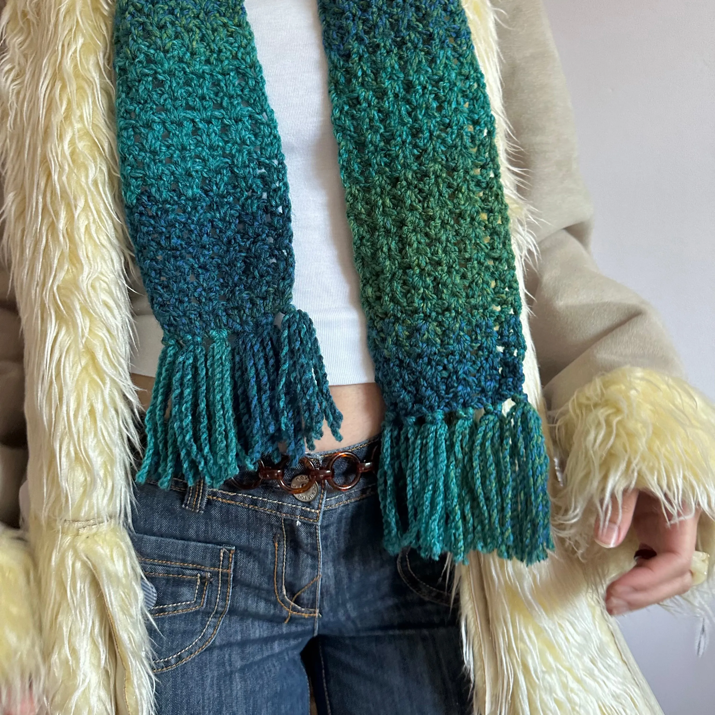 Handmade ombré blue and green tassel crochet scarf