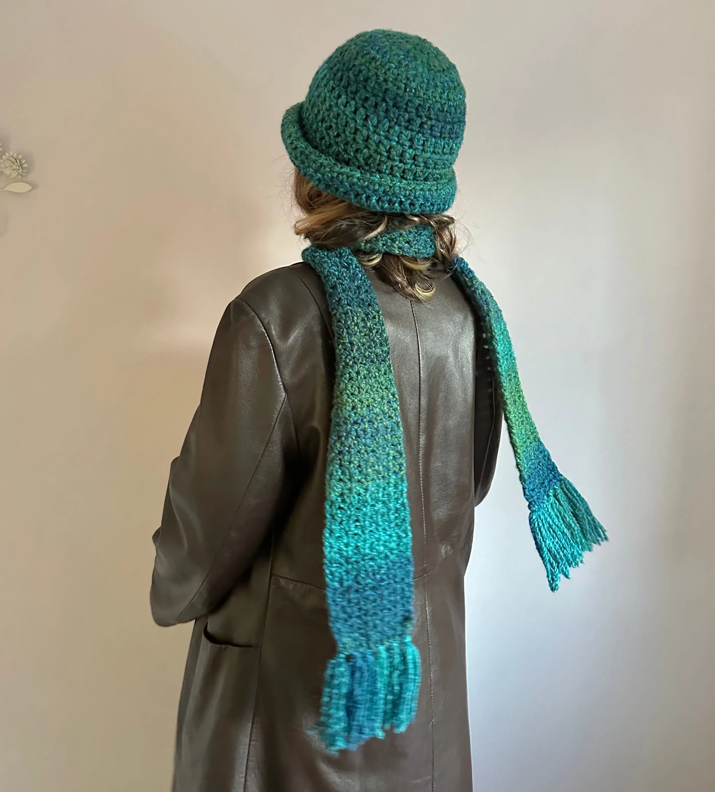 Handmade ombré blue and green tassel crochet scarf