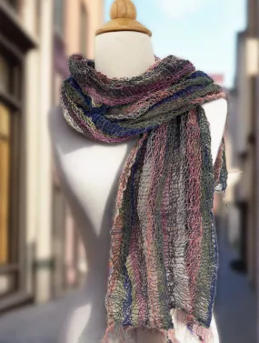 Handwoven Open Weave Cotton Scarf - Multicolor Blue Peach olive