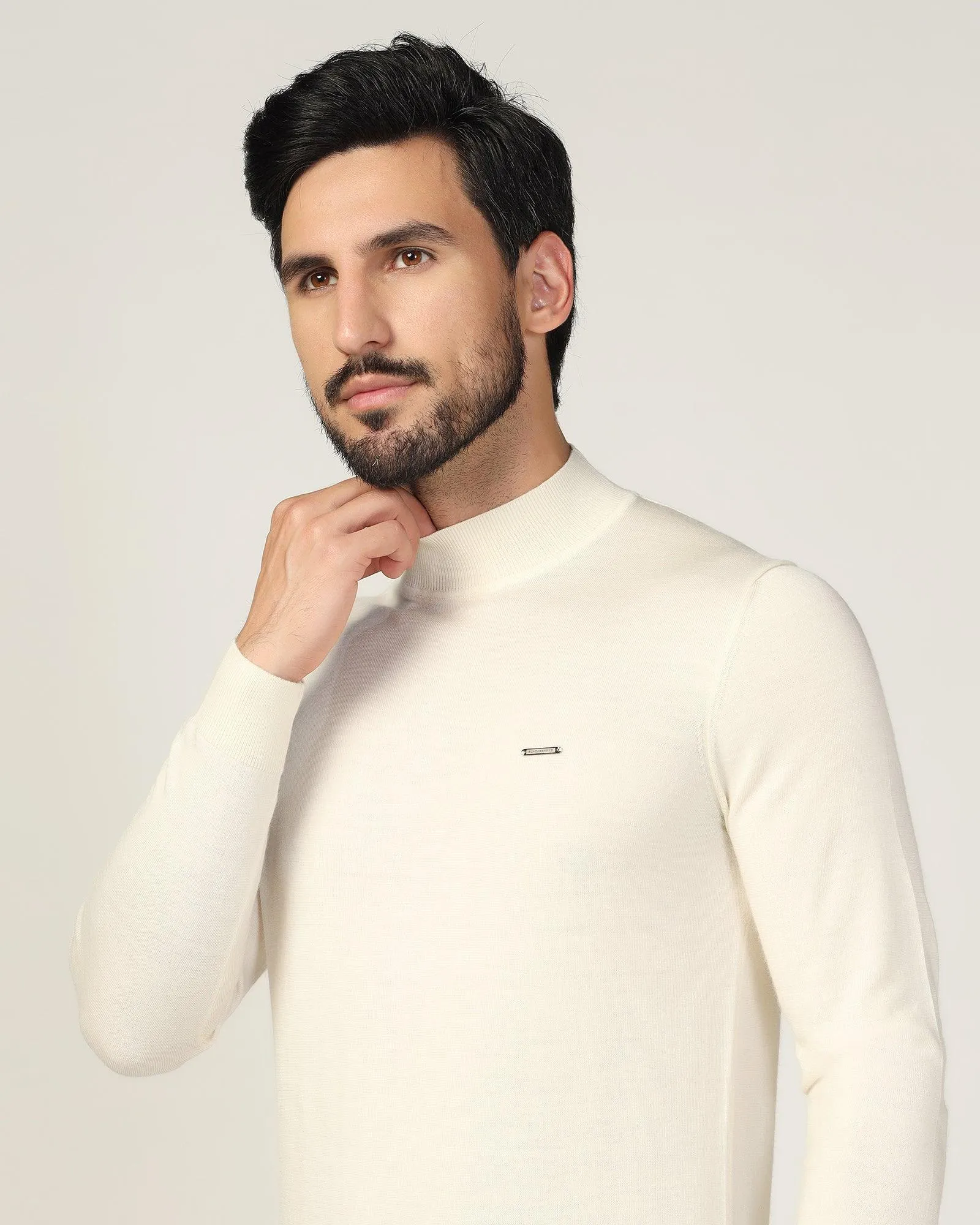 High Neck Off White Solid Sweater - Jester