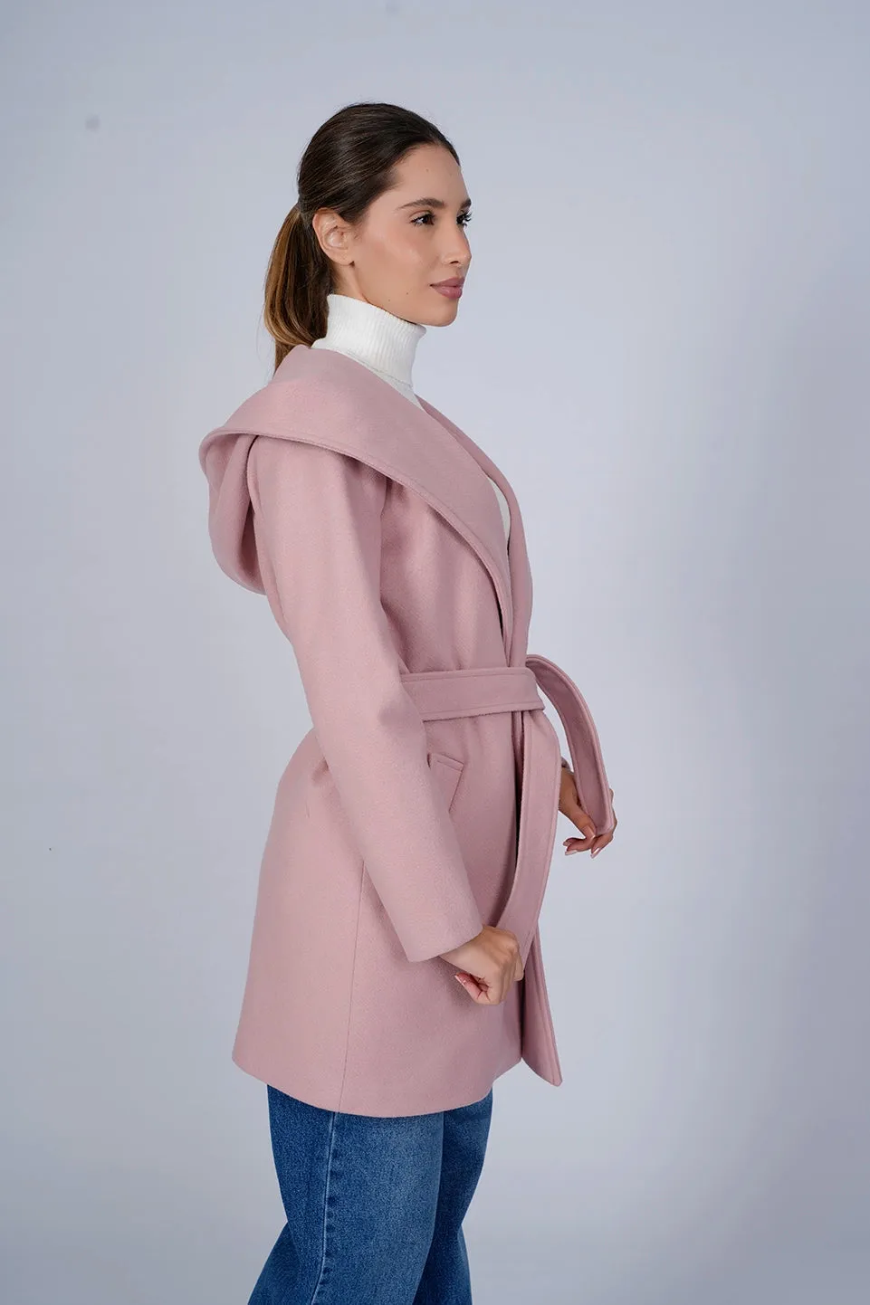 Hooded Wrap Pink Short Coat