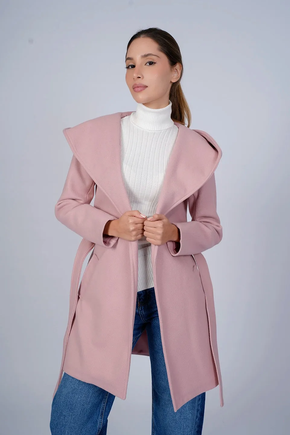 Hooded Wrap Pink Short Coat