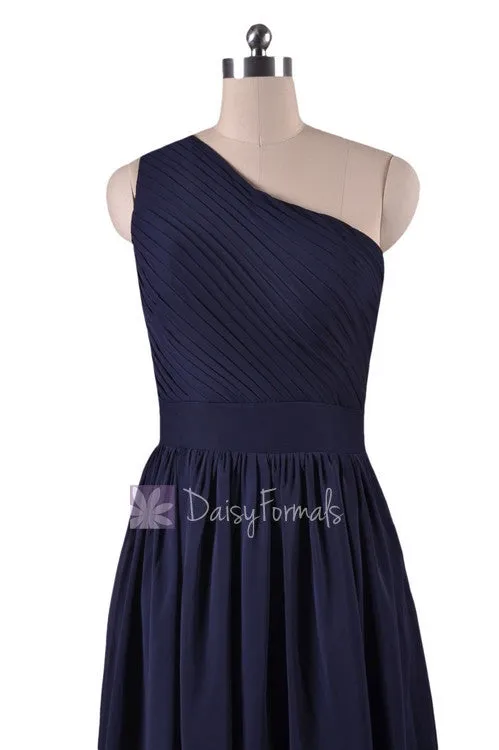 In stock,Ready to Ship -Navy Blue One-Shoulder Long Party Dress Chiffon Bridesmaid Dress(BM122) - (#35 Navy, Sz6)