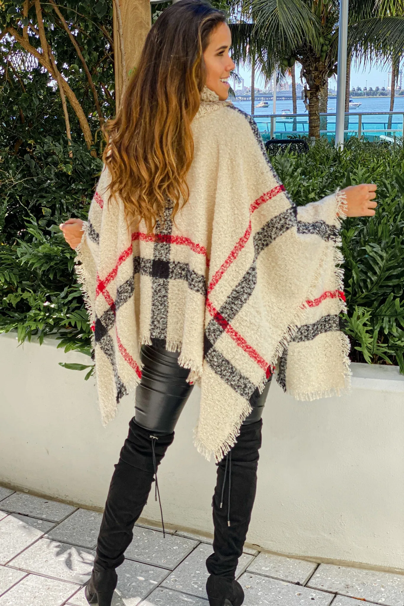 Ivory Plaid Turtleneck Poncho