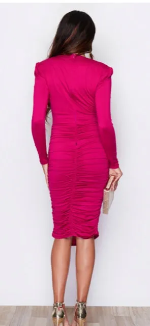 Jenni slinky ruched long sleeve wrap dress - FUCHSIA