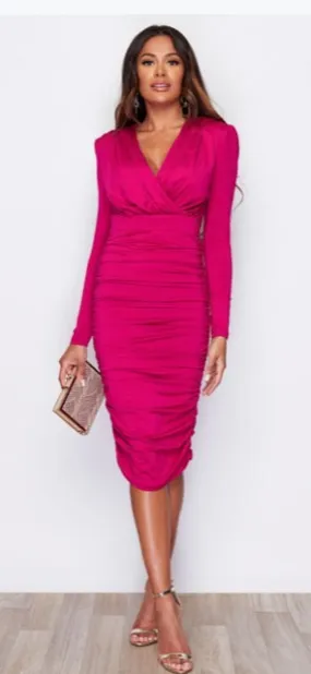 Jenni slinky ruched long sleeve wrap dress - FUCHSIA