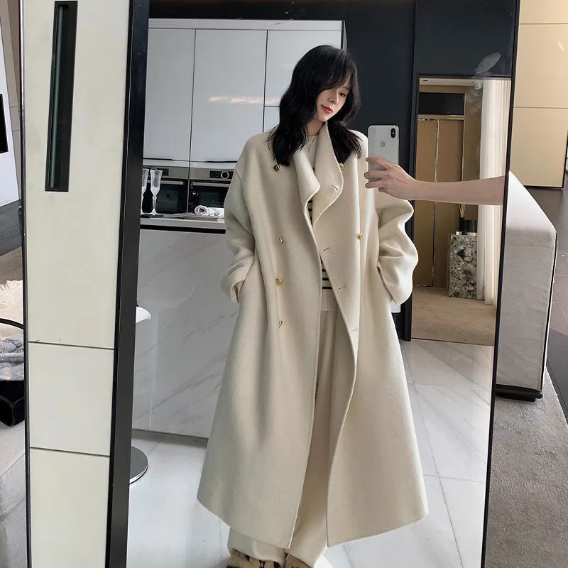 Joskaa winter fits men 2024 Stand Collar Design Double Breasted Overcoat Women's Long Loose Wool Overcoat Coat Women