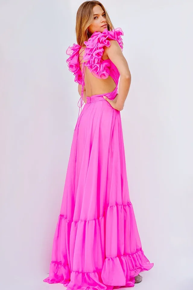 Jovani 23322 Chiffon Prom Dress Criss-Cross Ruching At The Waist Ruffle Detailed Strap Pleated Maxi Prom Dress