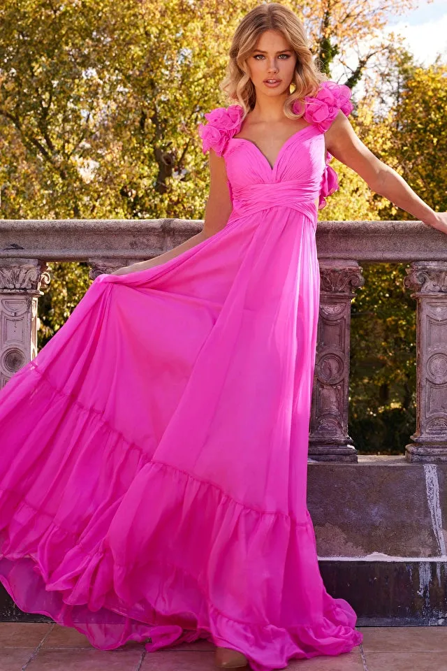 Jovani 23322 Chiffon Prom Dress Criss-Cross Ruching At The Waist Ruffle Detailed Strap Pleated Maxi Prom Dress