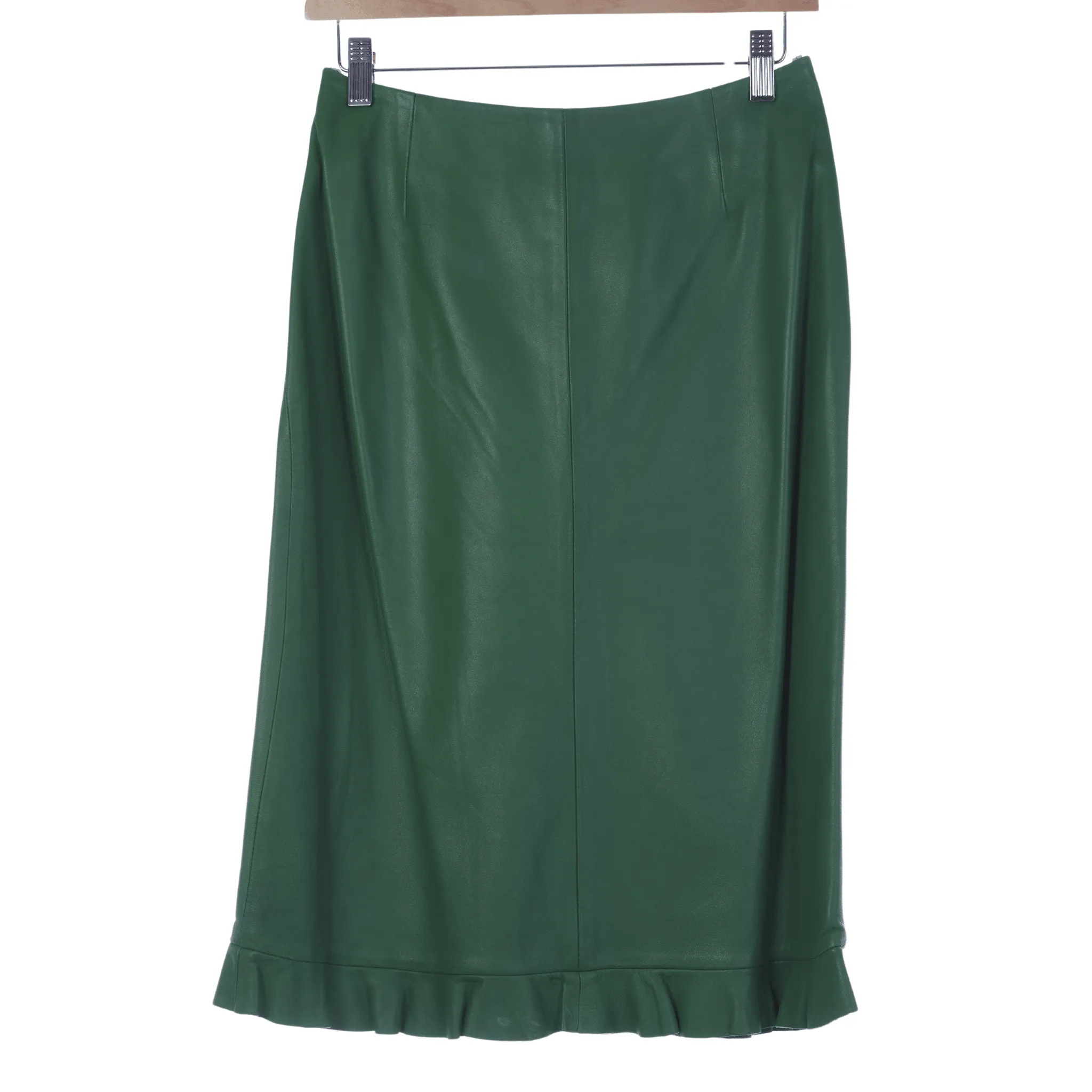 Karen Millen Green Leather Skirt Pleated Hem DetailUK Size 10