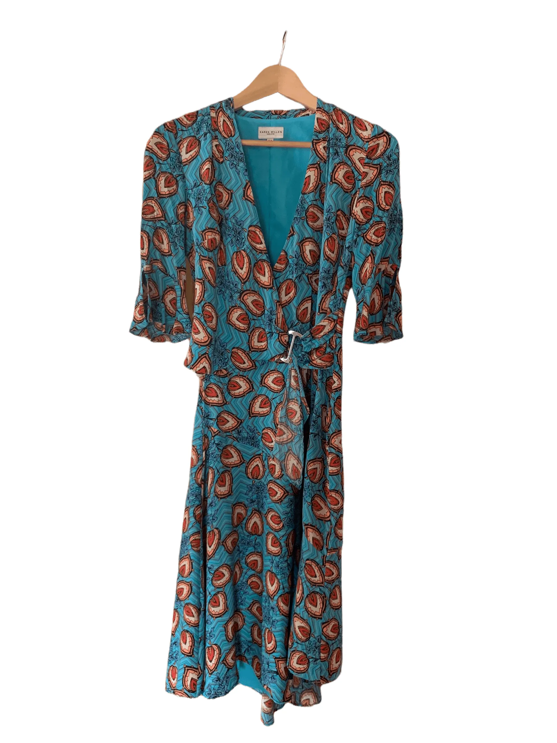 Karen Miller Silk Wrap Style Dress Blue UK Size 10