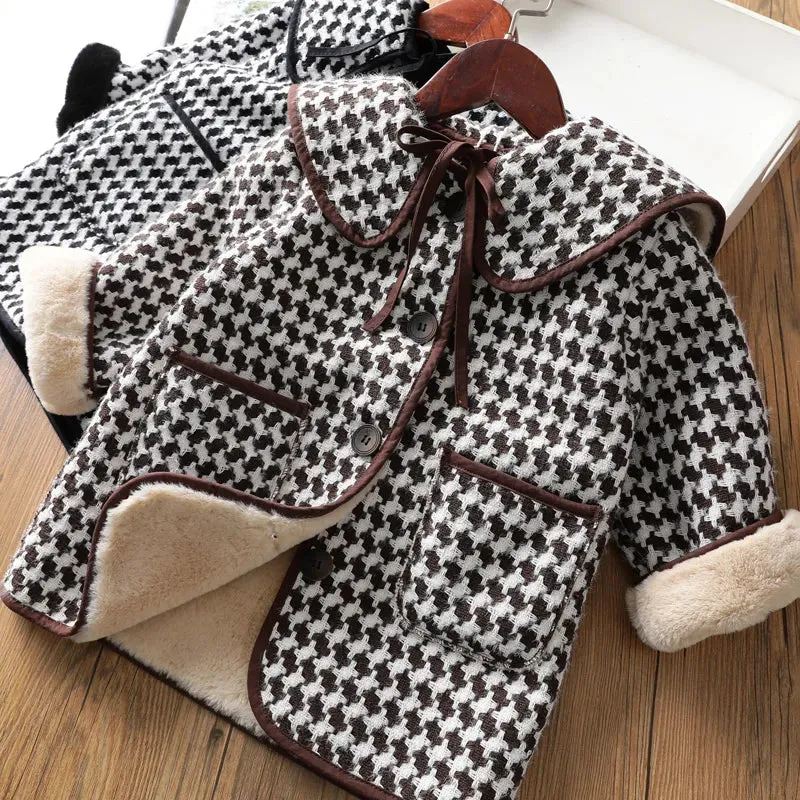 Kids Girl Overcoat Winter New Fashion Houndstooth Wool Coat for Girls Teens Autumn Jacket Warm Long Outerwear Children Windproof