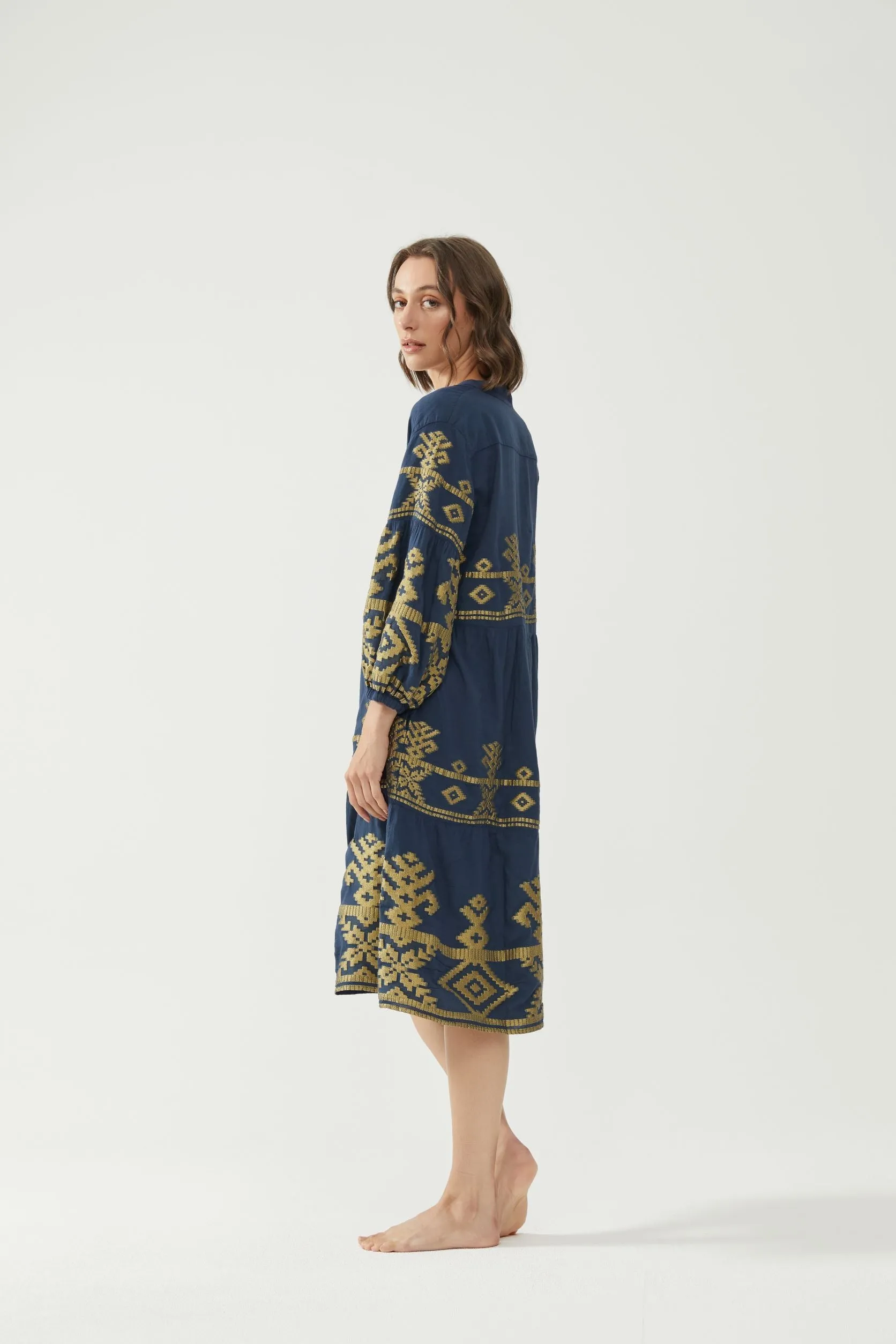 Kiitos Long Carmen Dress - Navy/Gold