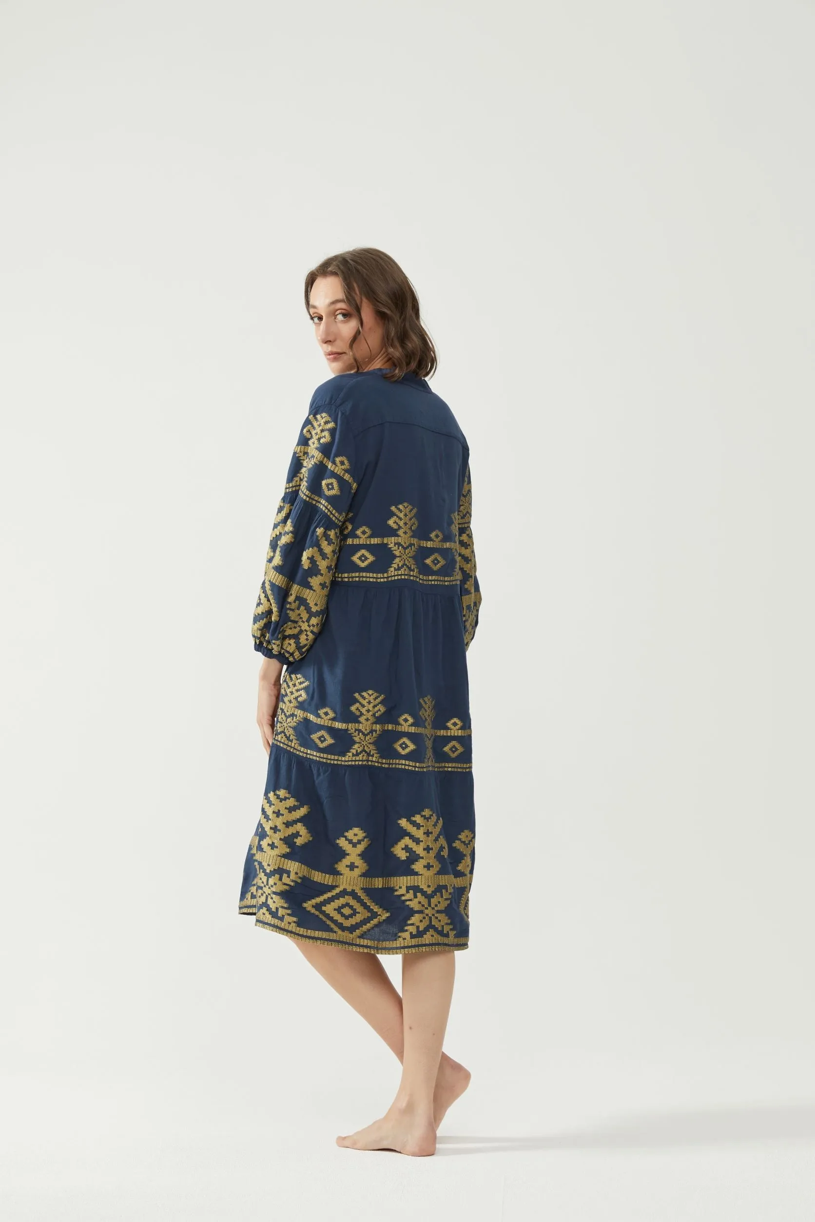 Kiitos Long Carmen Dress - Navy/Gold