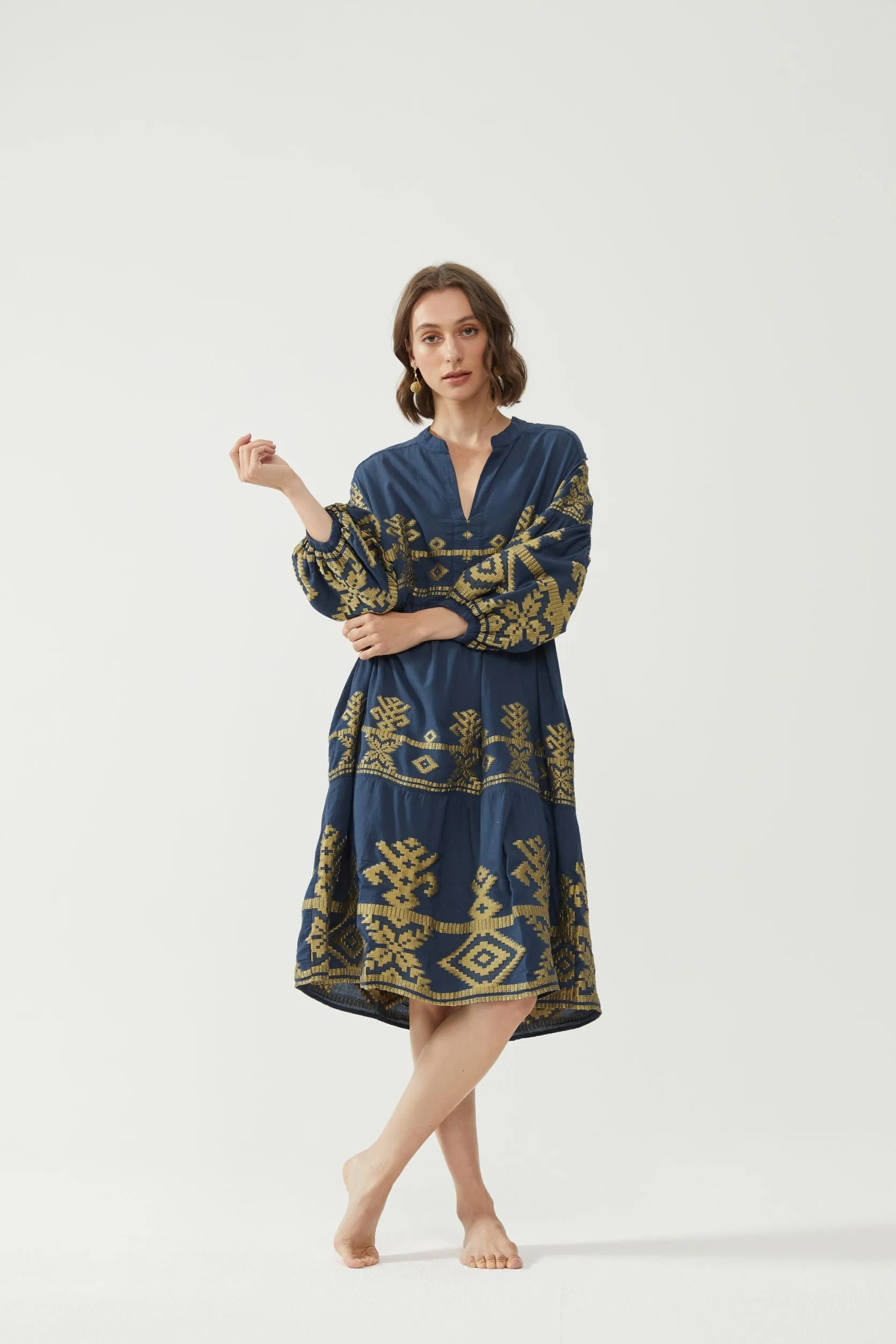 Kiitos Long Carmen Dress - Navy/Gold