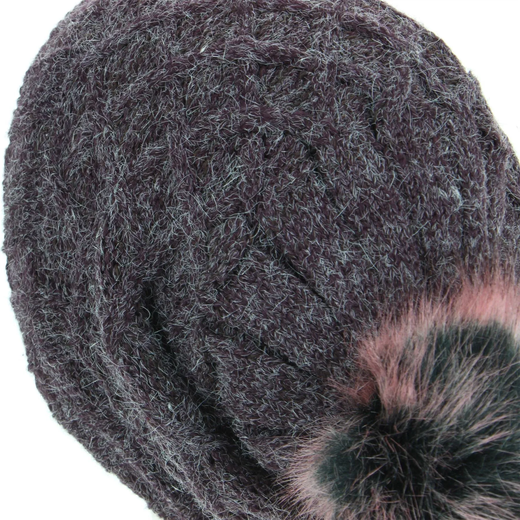 Knitted Slouch Bobble Beanie Hat with Super Soft Fleece Lining - Purple