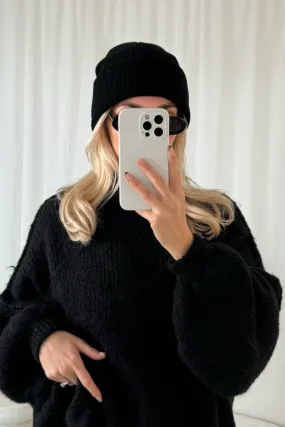 Konnie black knit beanie hat