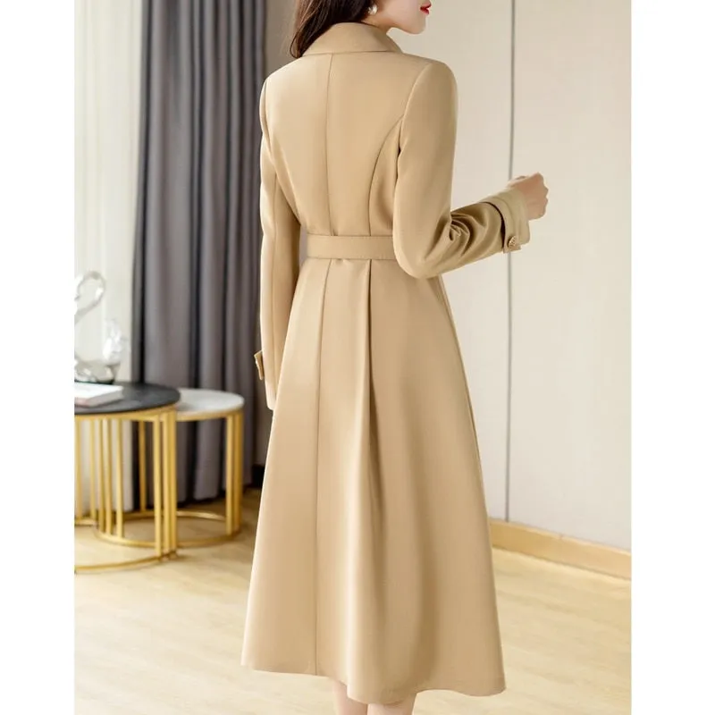 LANFUBEISI Spring Autumn New Women Windbreaker Coat Mid-length Fashion Overcoat Double Breasted Slim Belt Trench Coat Feminino