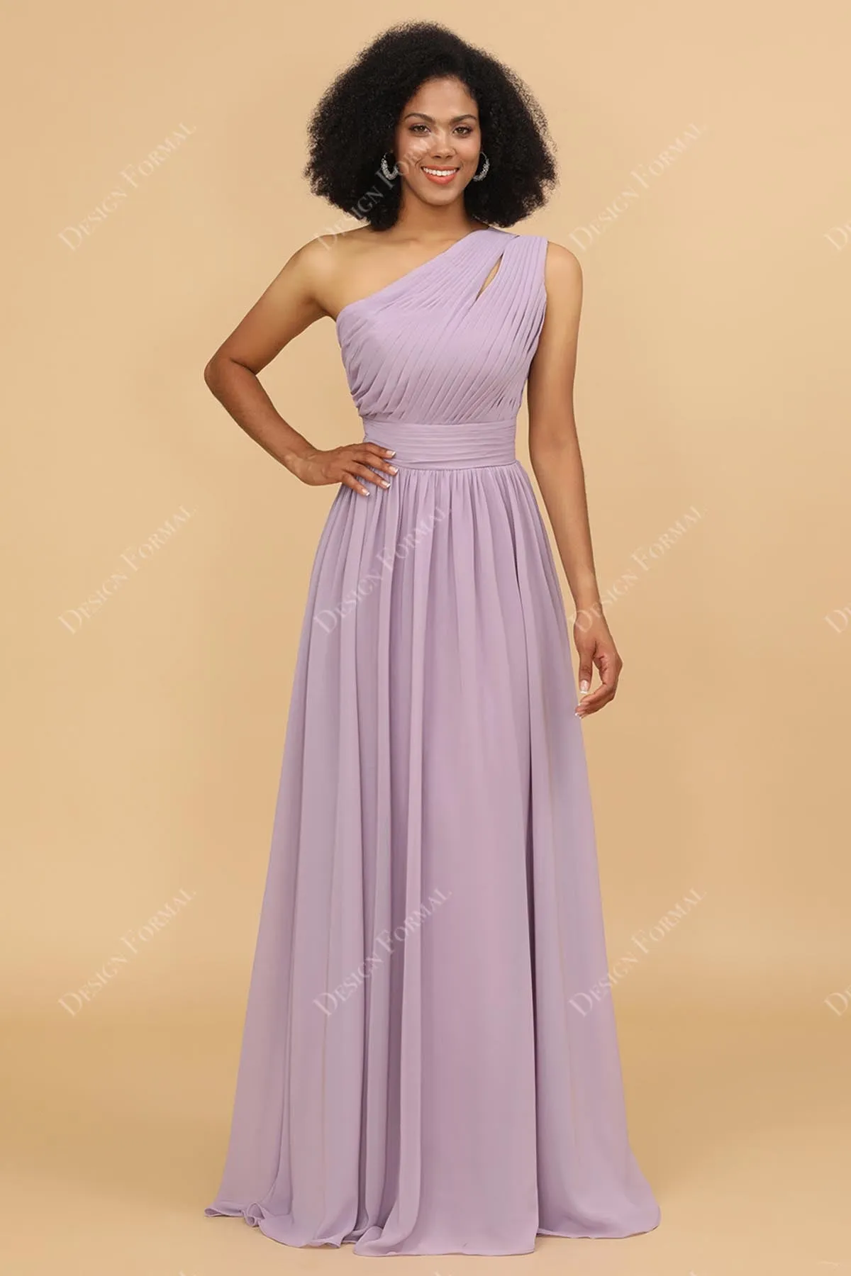 Lilac Ruched One Shoulder Chiffon Floor Length Dress