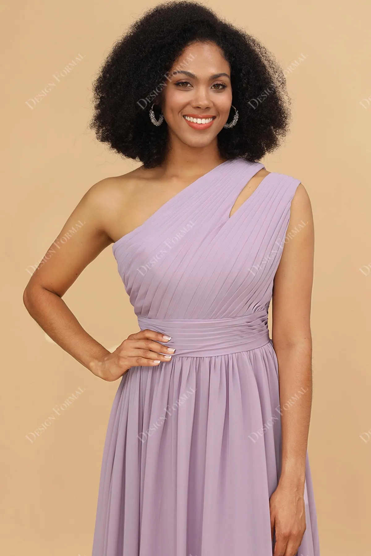 Lilac Ruched One Shoulder Chiffon Floor Length Dress