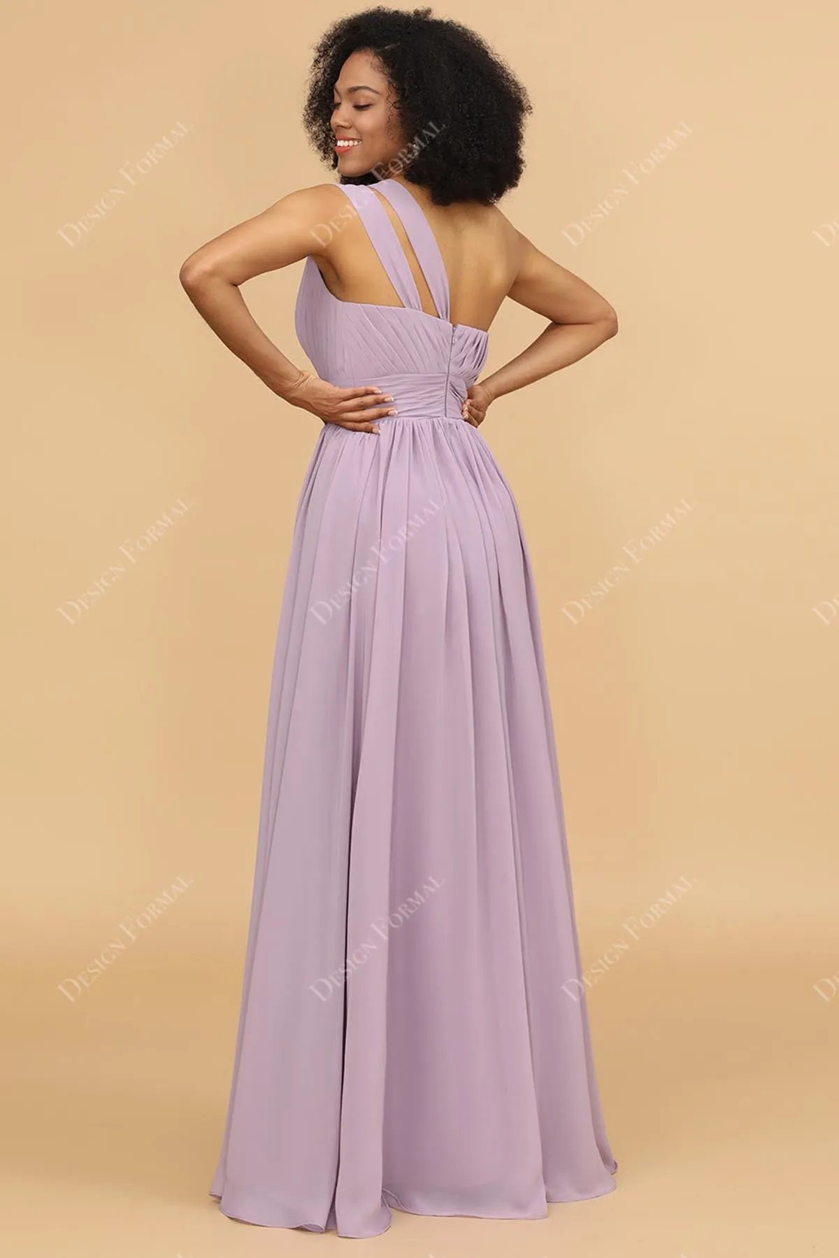 Lilac Ruched One Shoulder Chiffon Floor Length Dress