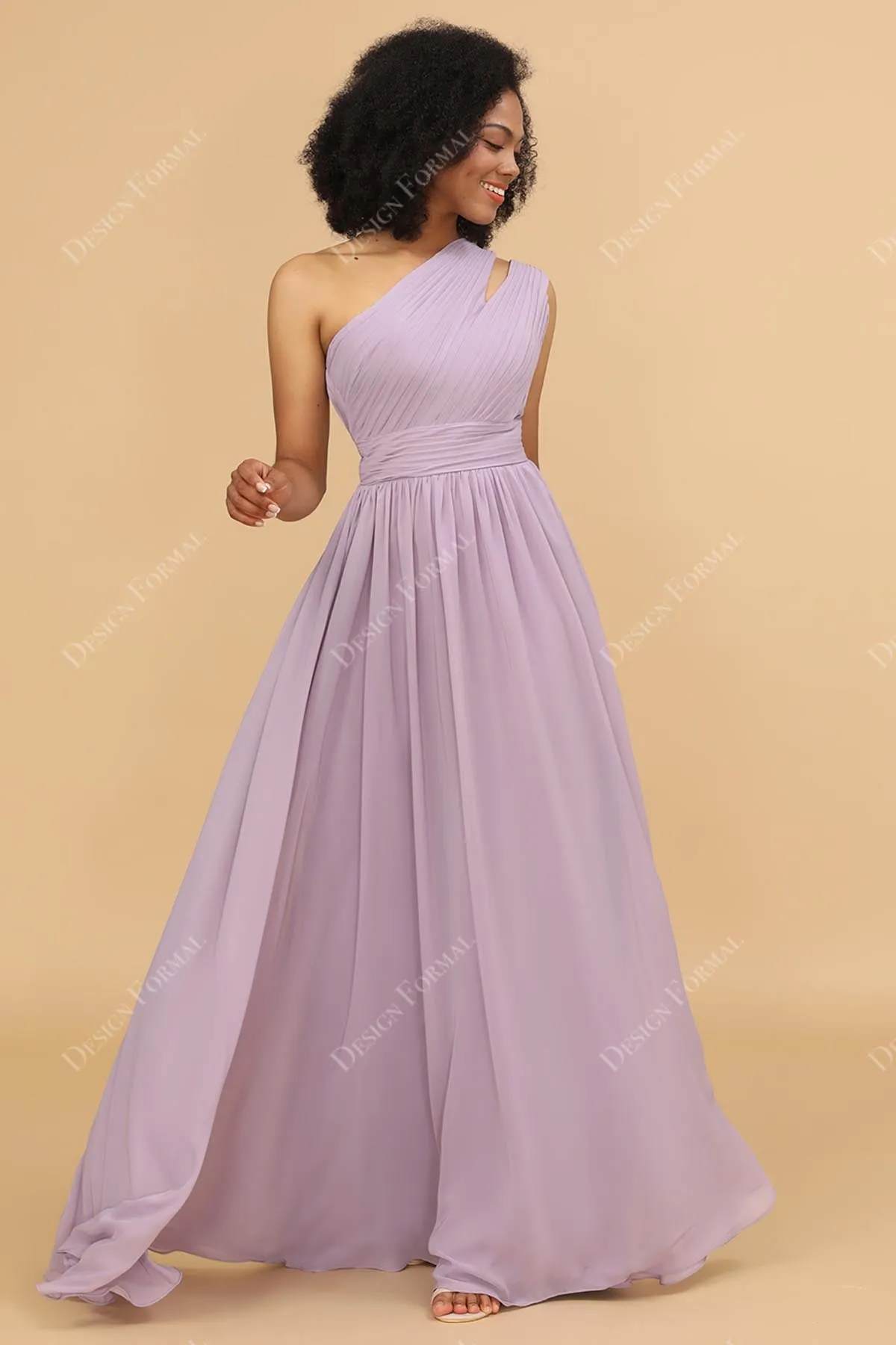 Lilac Ruched One Shoulder Chiffon Floor Length Dress