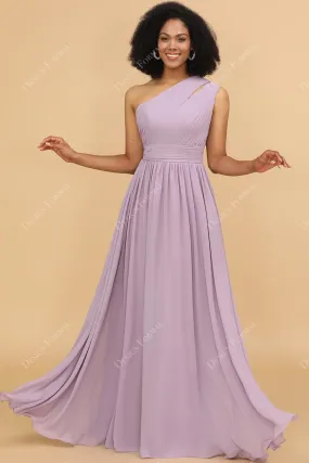 Lilac Ruched One Shoulder Chiffon Floor Length Dress