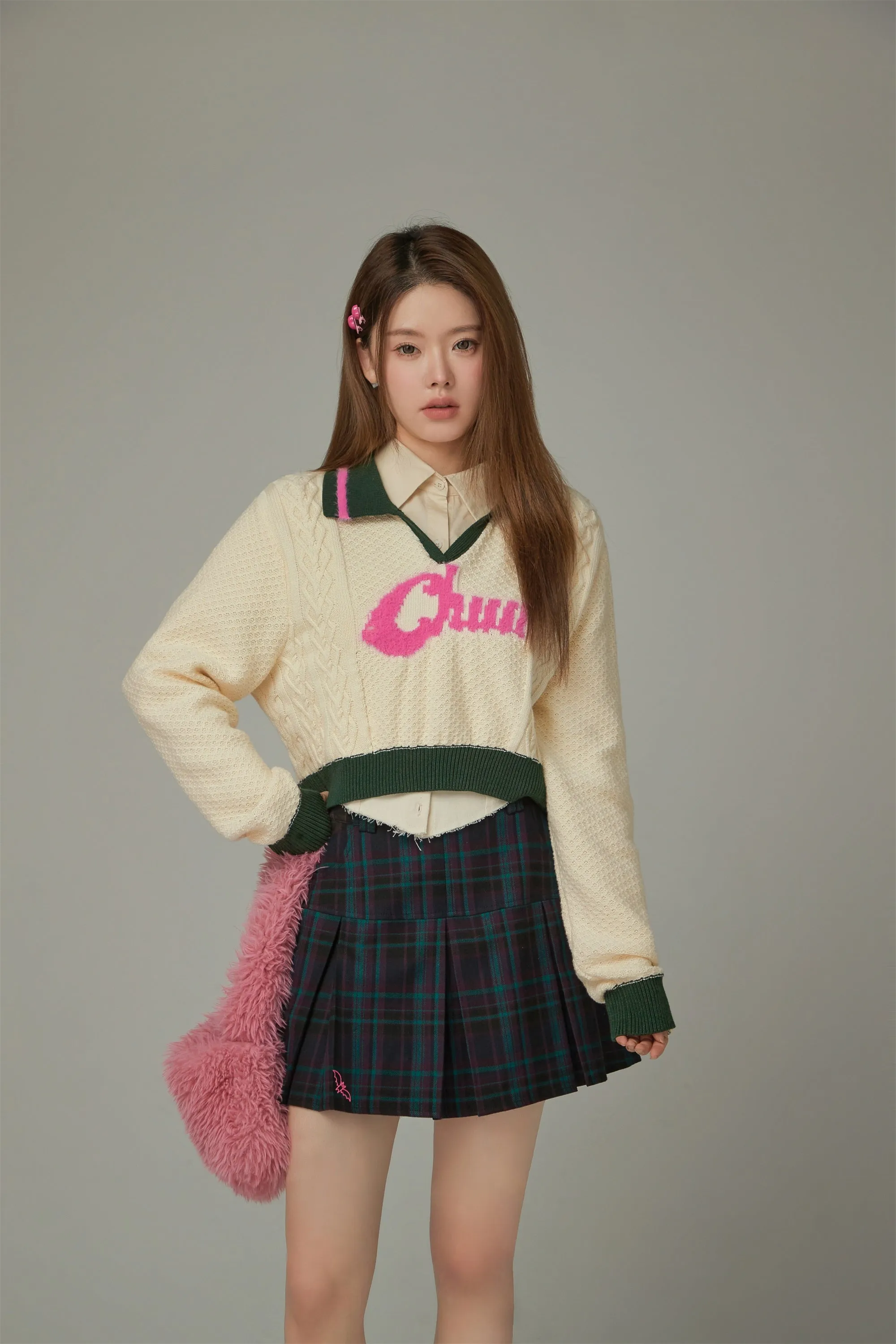 Logo Open Collar Crop Knit Sweater