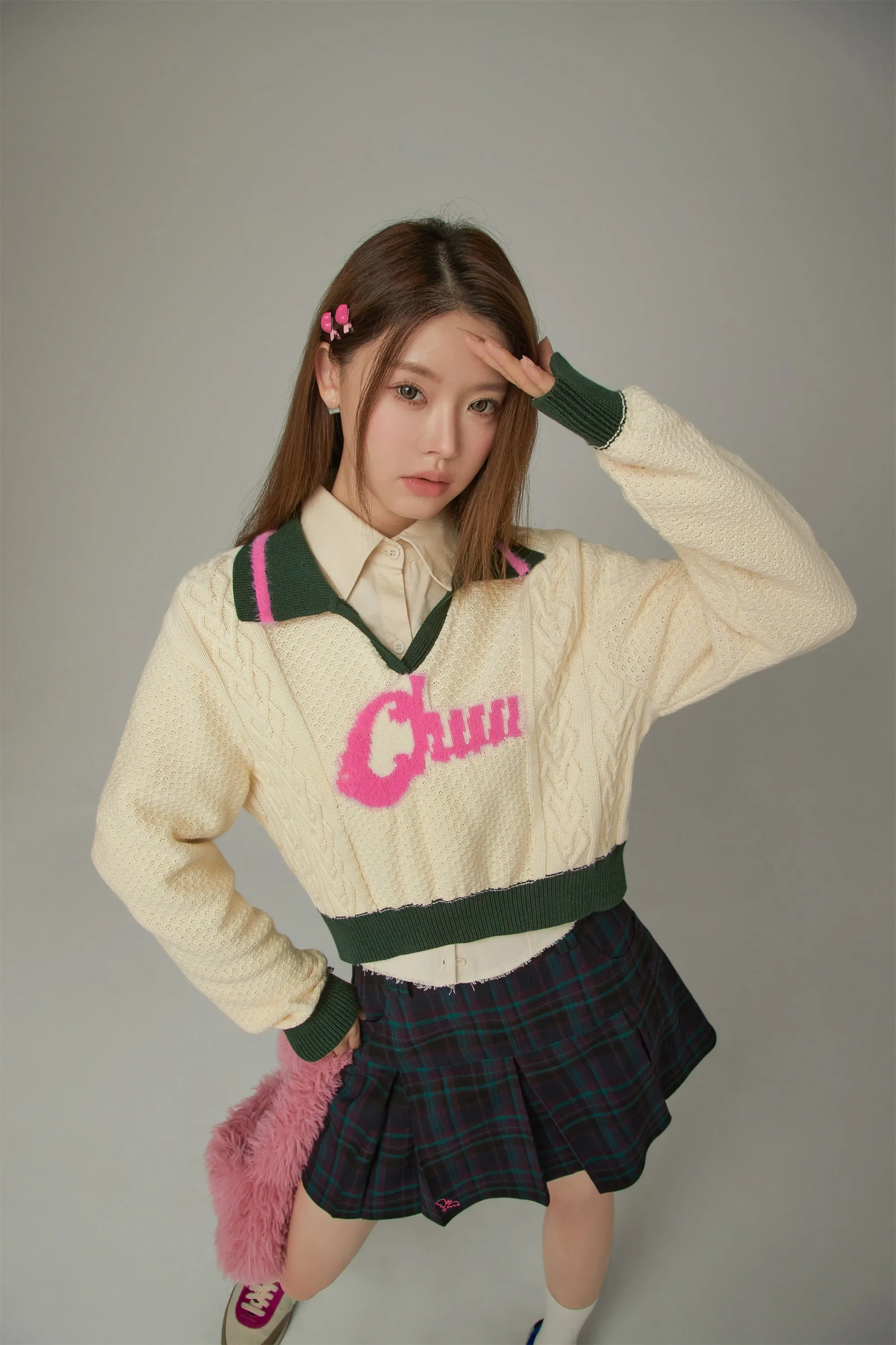 Logo Open Collar Crop Knit Sweater