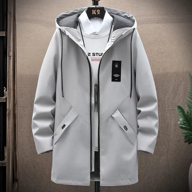 mens long jackets Spring Autumn Hooded windbreaker men Overcoat hip hop Solid Slim coats Hot Sale Casual man jacket New