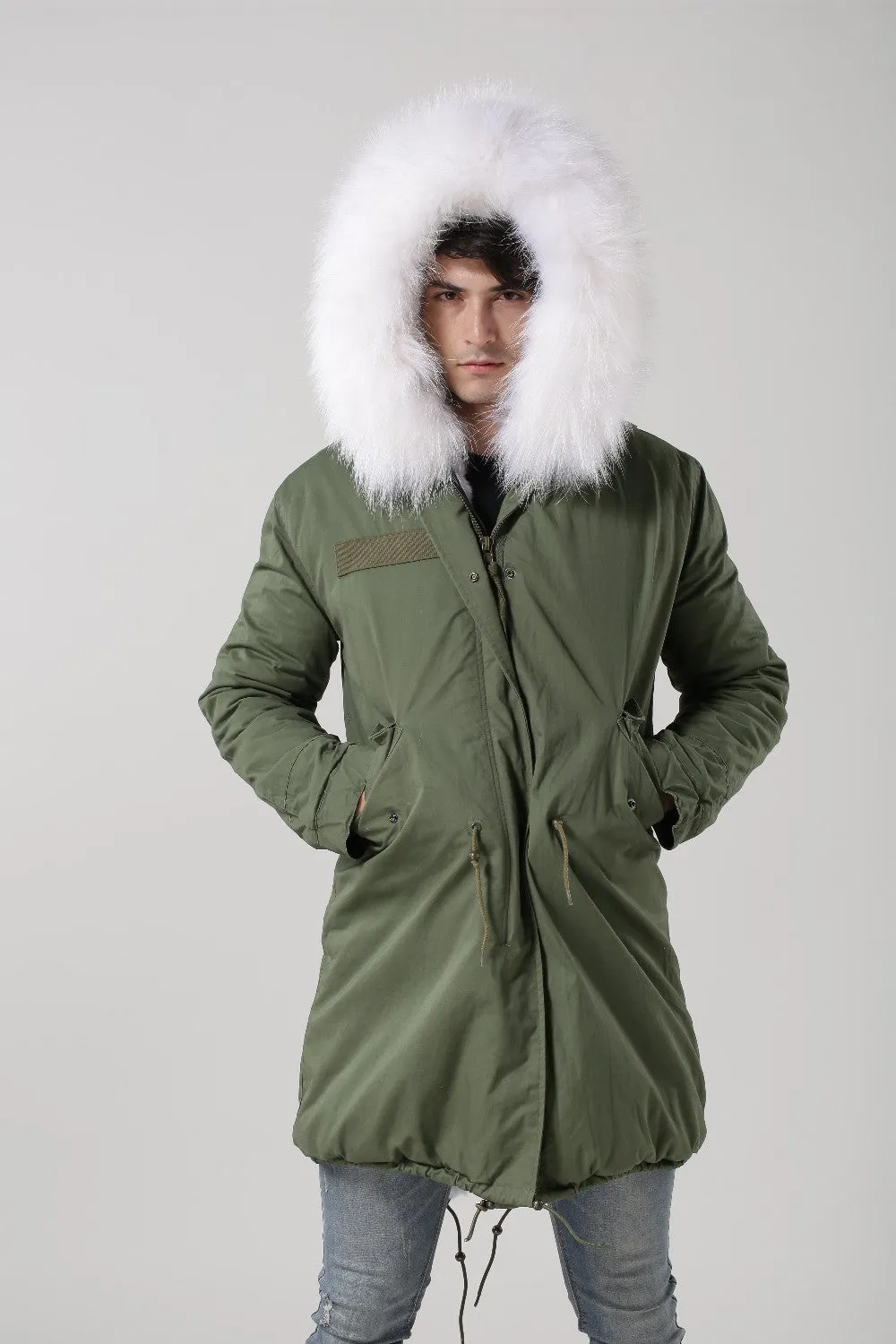 Men's White Fur Lined Green Convertible Parka