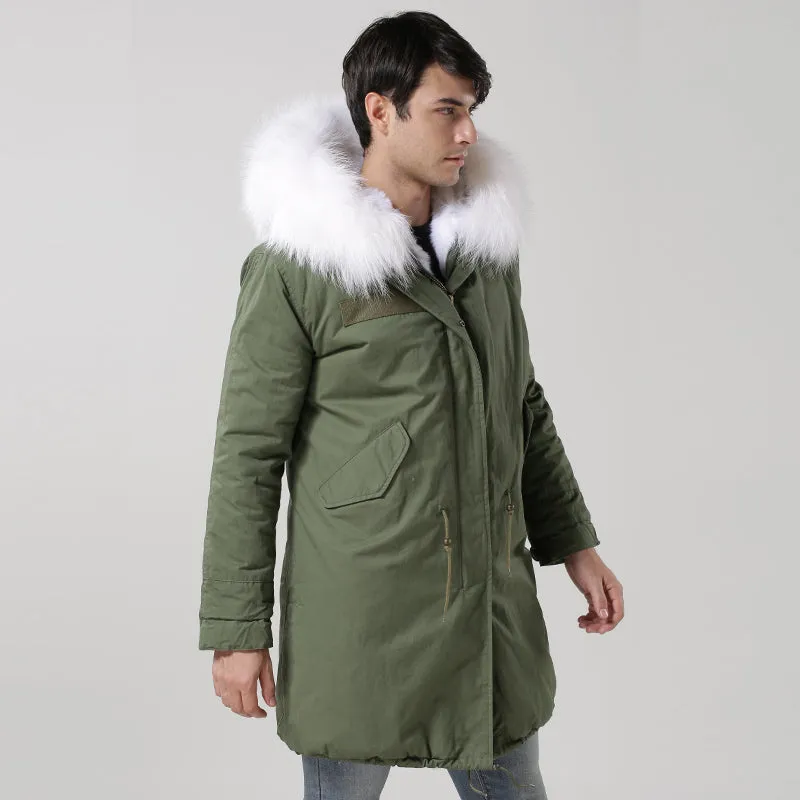 Men's White Fur Lined Green Convertible Parka