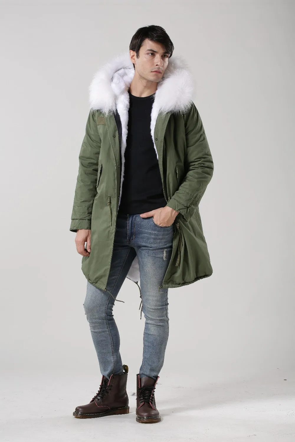 Men's White Fur Lined Green Convertible Parka