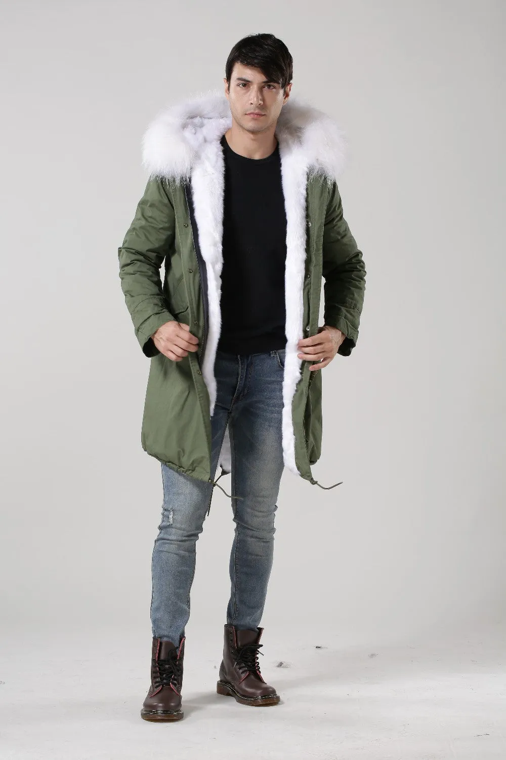 Men's White Fur Lined Green Convertible Parka