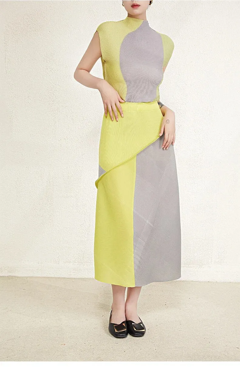 Miyake Pleated Contrast Sleeveless Top and Patchwork Skirt Set