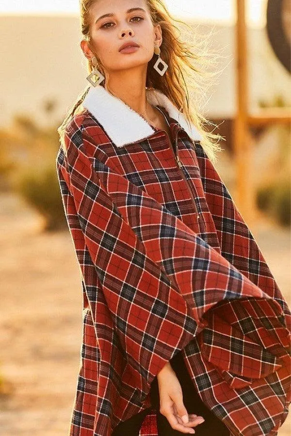 Mock Neck With Zipper Plaid Poncho