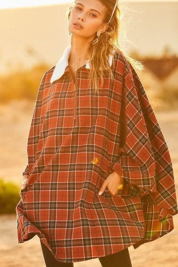 Mock Neck With Zipper Plaid Poncho