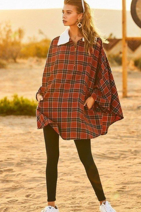 Mock Neck With Zipper Plaid Poncho