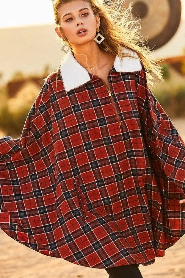 Mock Neck With Zipper Plaid Poncho