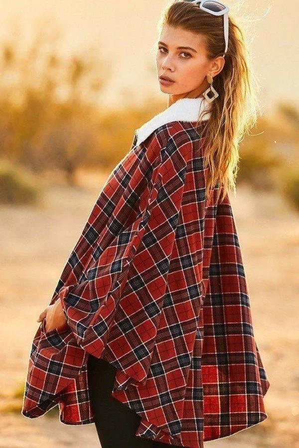 Mock Neck With Zipper Plaid Poncho