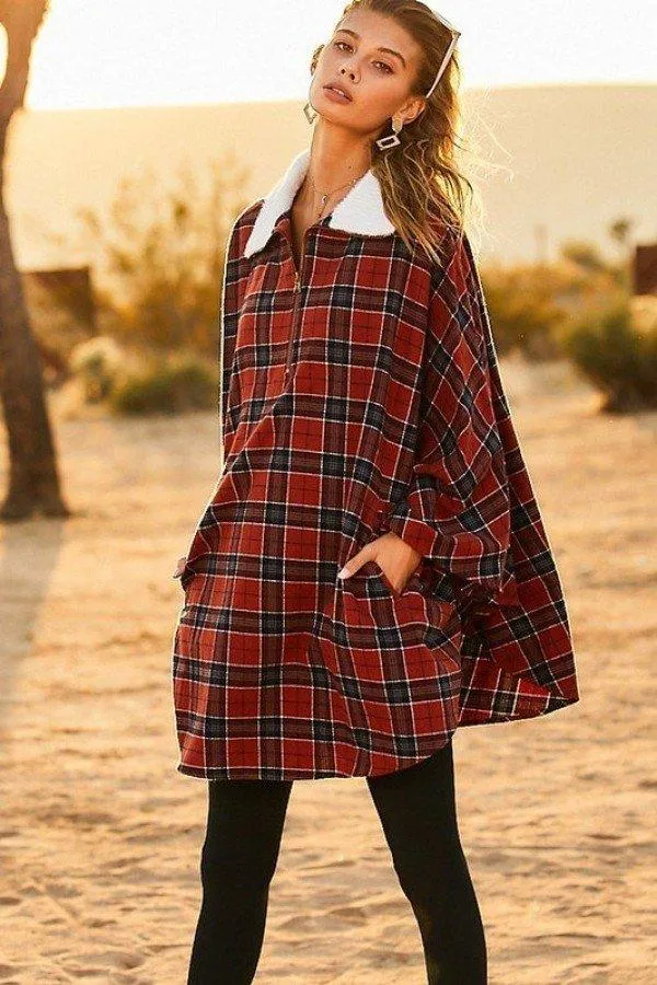 Mock Neck With Zipper Plaid Poncho