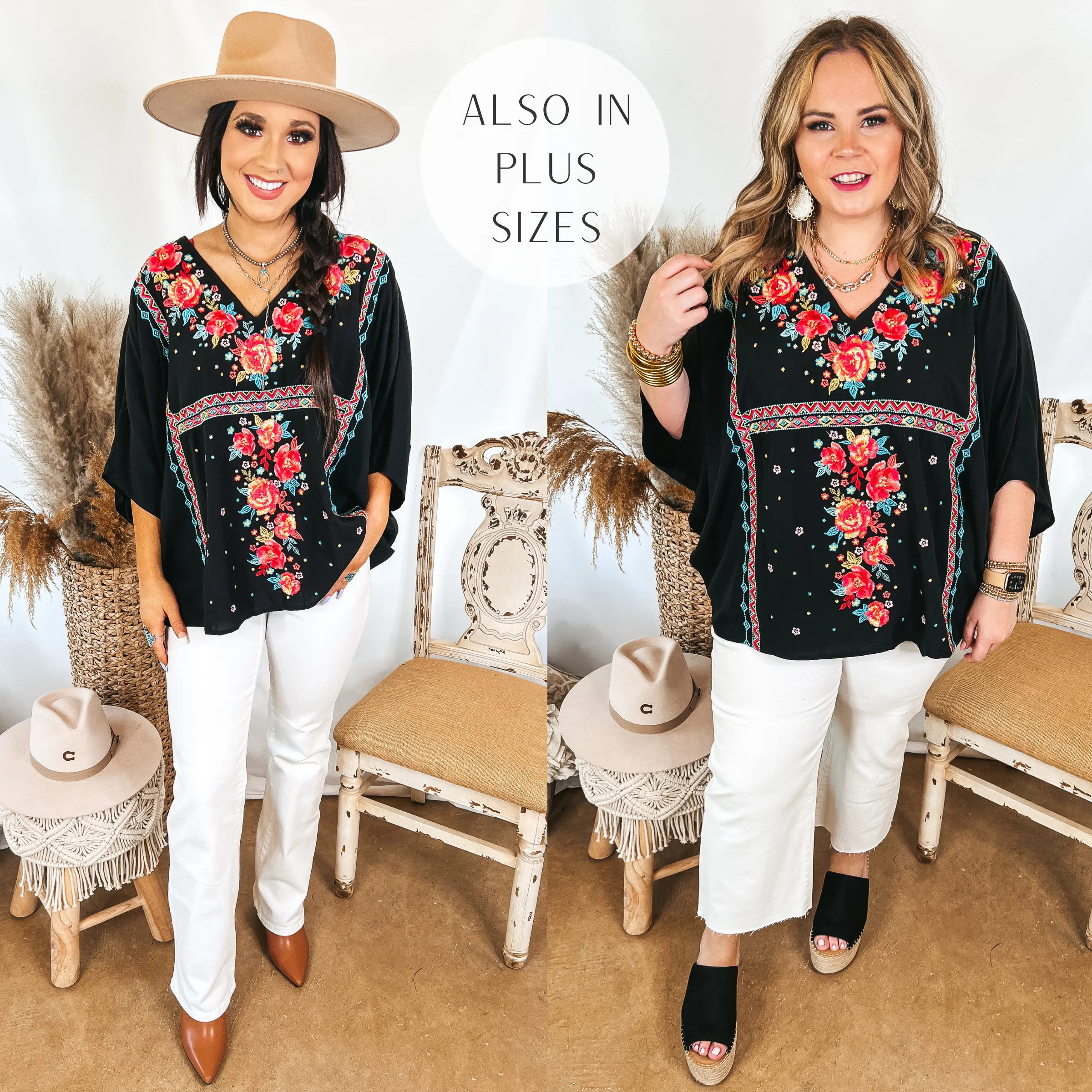 More To The Story Floral Embroidered Poncho Top in Black