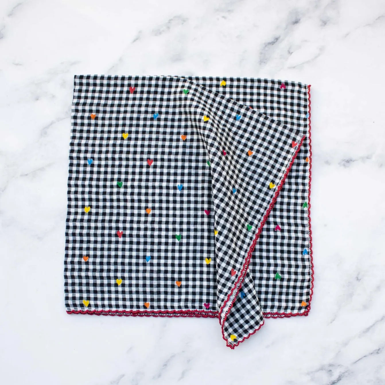 Multicolor Heart & Gingham Square Scarf in Black