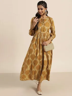 Mustard Foil Motif Print Bishop Sleeve Dress