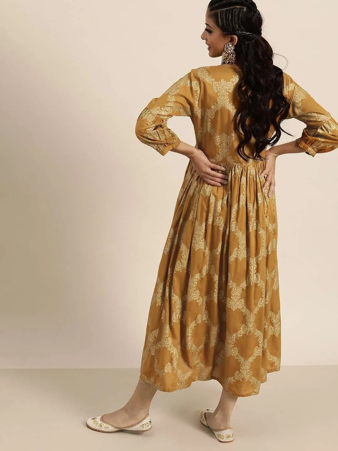 Mustard Foil Motif Print Bishop Sleeve Dress