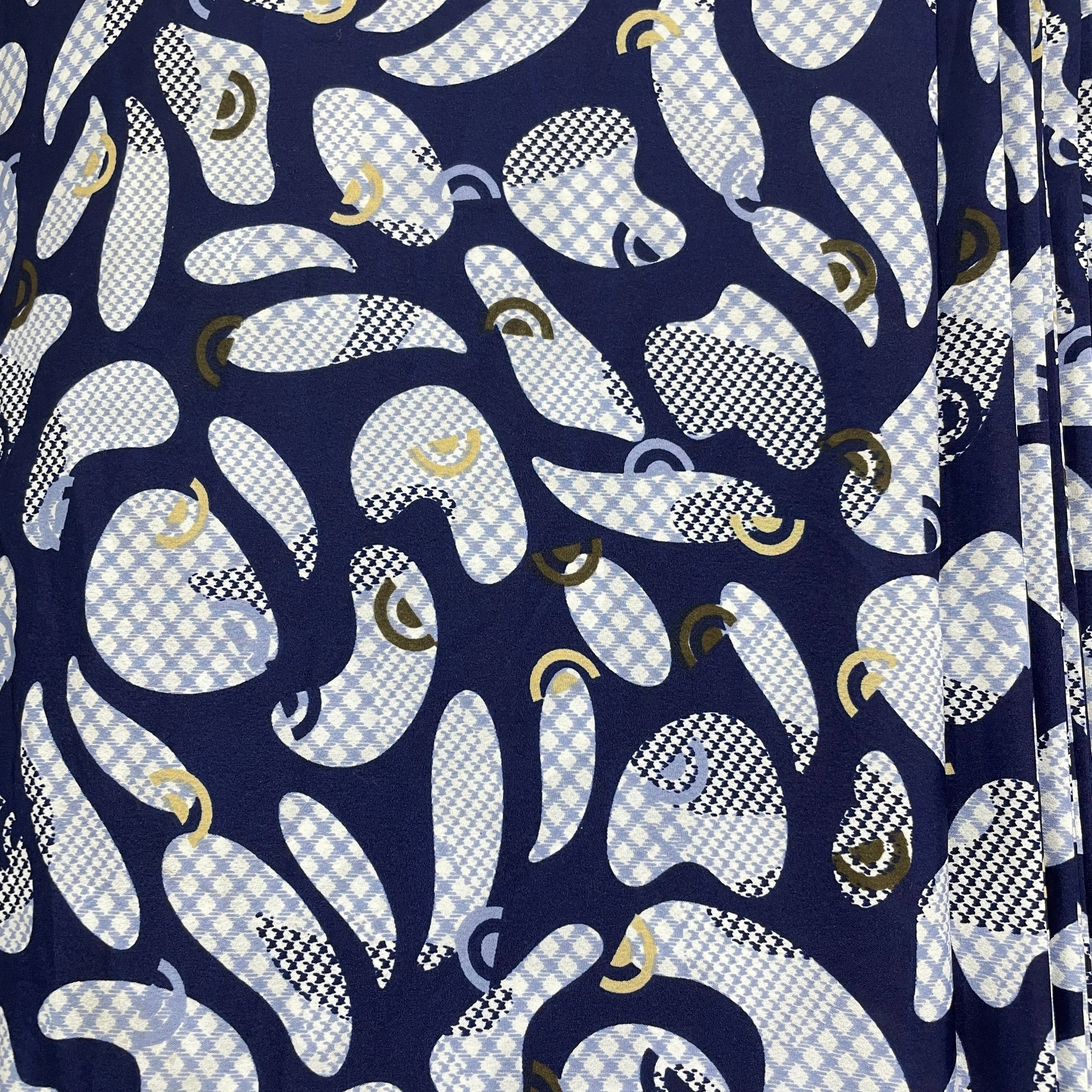 Navy Blue With White Abstract Print Gold Zari Crepe Fabric