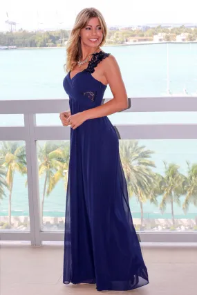 Navy Sleeveless Maxi Dress with Pleated Top and Crochet Detail